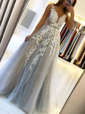 Grey Tulle V Neck White Lace Floral Long Prom, Long Grey Lace Formal Graduation Evening