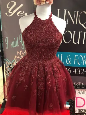 Halter Neck Backless Short Burgundy Lace Prom, Burgundy Lace Formal Graduation Homecoming