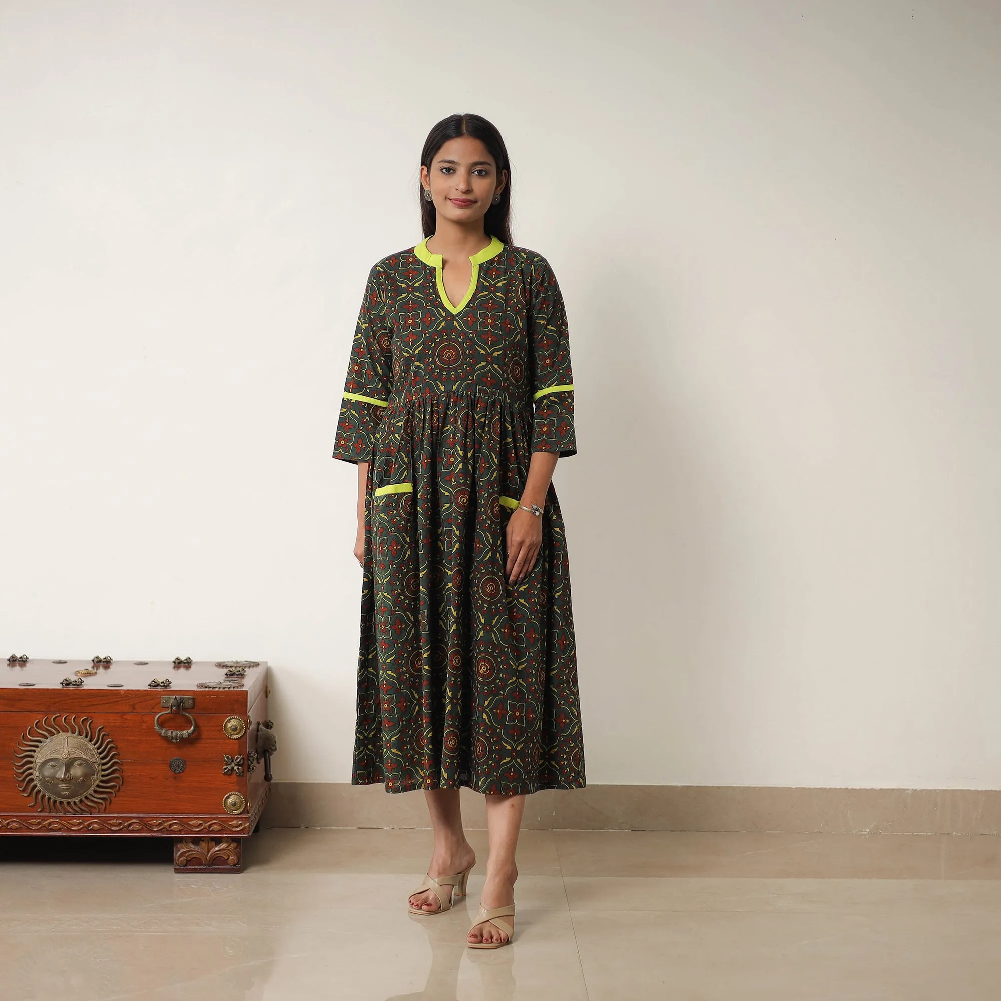 Hand Block Print Cotton Flared Gher Ajrakh Dress 09