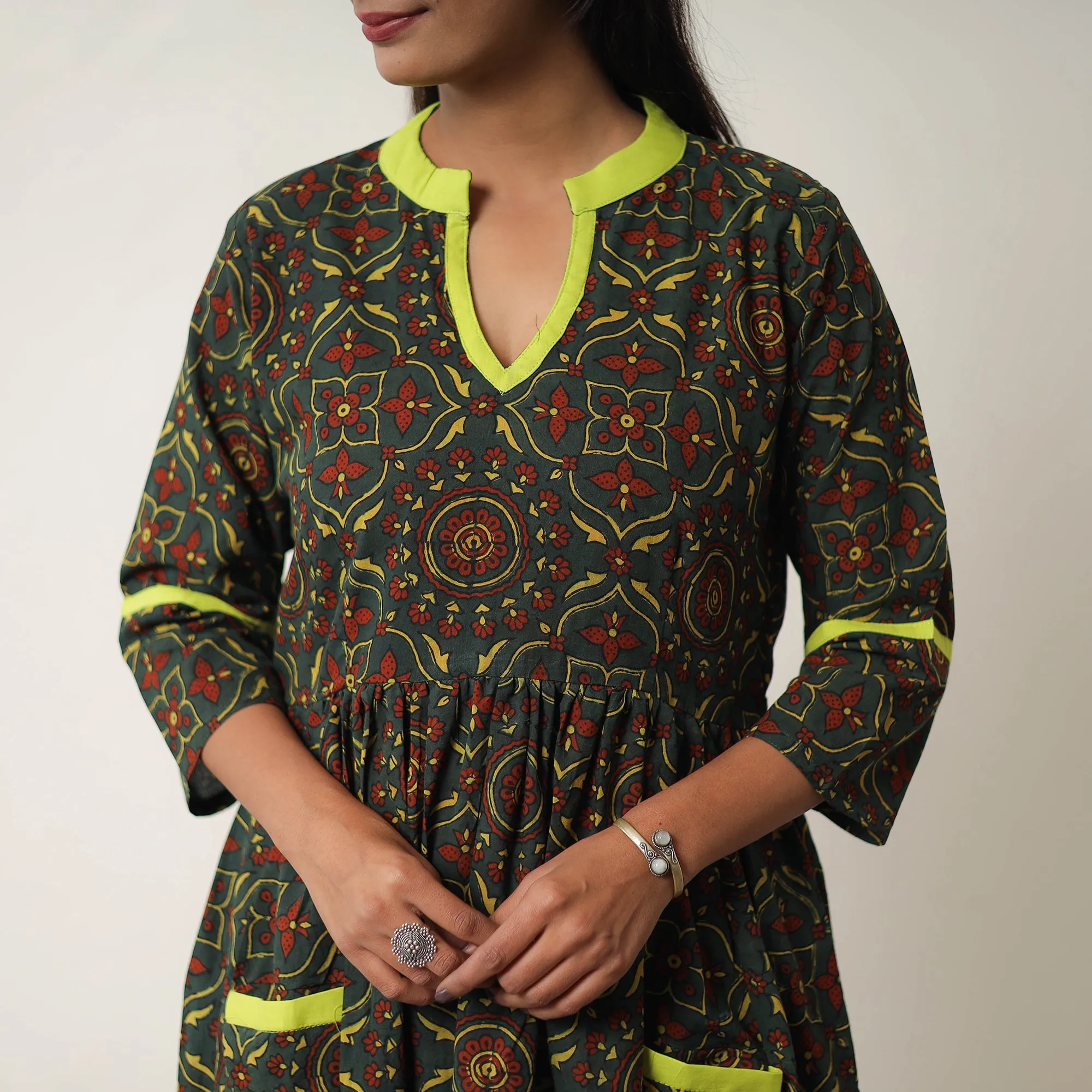 Hand Block Print Cotton Flared Gher Ajrakh Dress 09