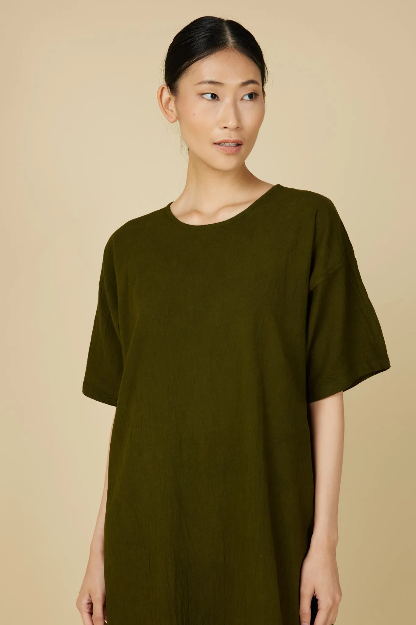 Hand Dyed Short Sleeve Dress in Army Green