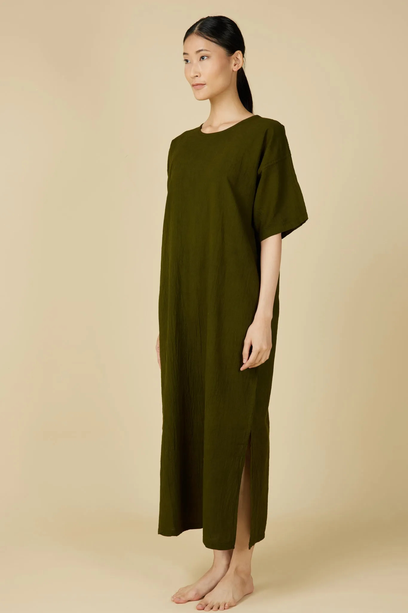 Hand Dyed Short Sleeve Dress in Army Green