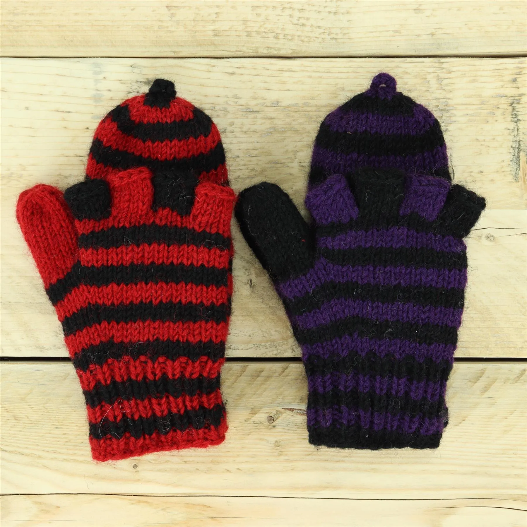 Hand Knitted Wool Shooter Gloves - Stripe Purple Black