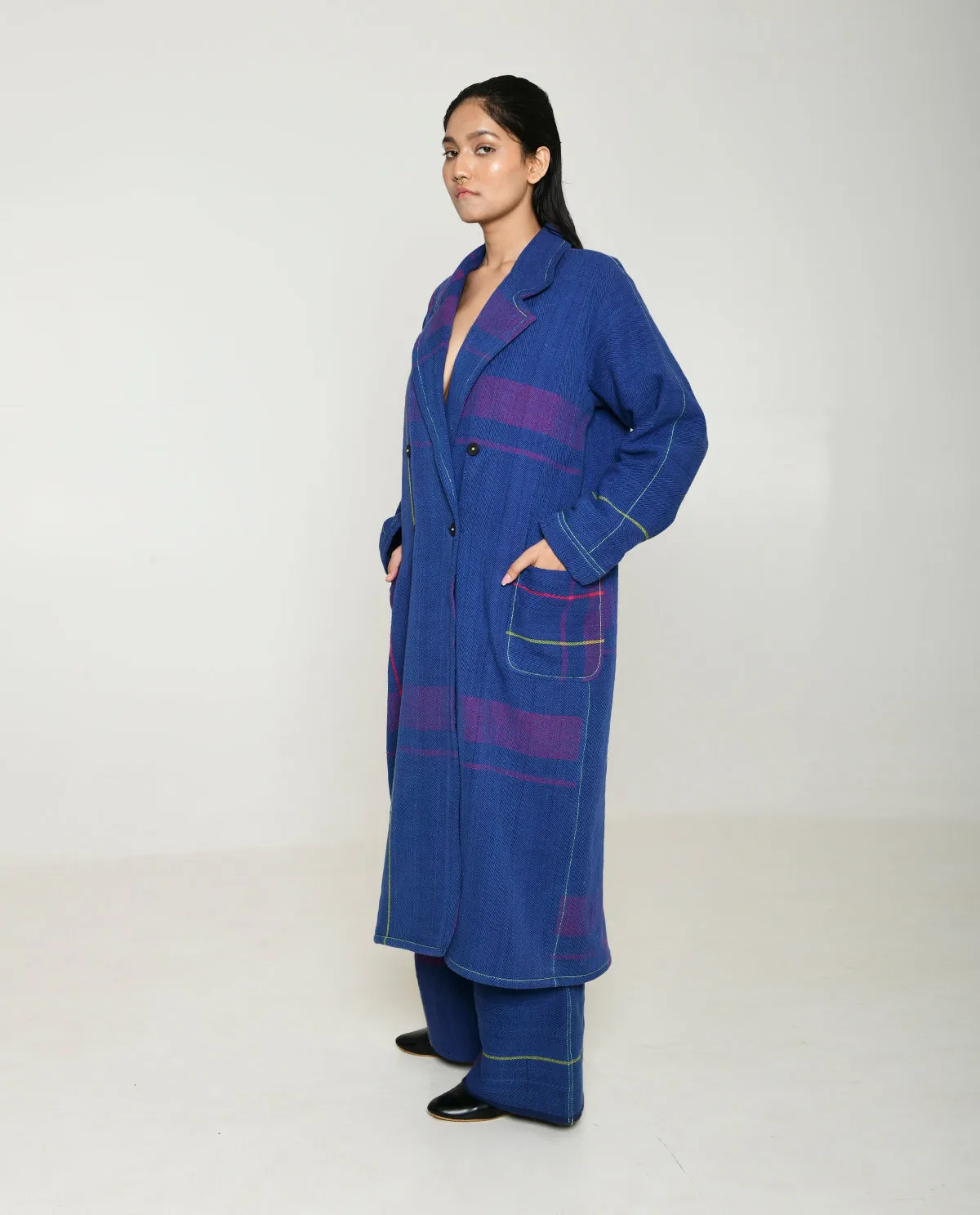 Handwoven Blue Striped Cotton Trench Coat