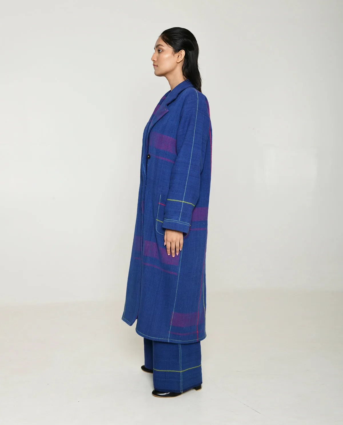 Handwoven Blue Striped Cotton Trench Coat