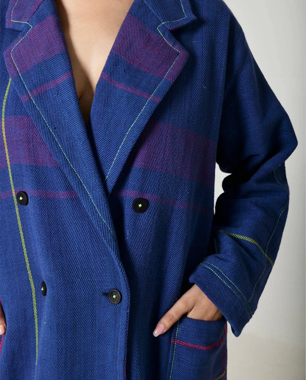 Handwoven Blue Striped Cotton Trench Coat