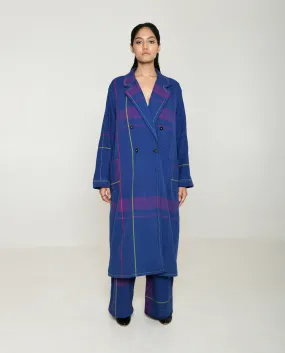 Handwoven Blue Striped Cotton Trench Coat