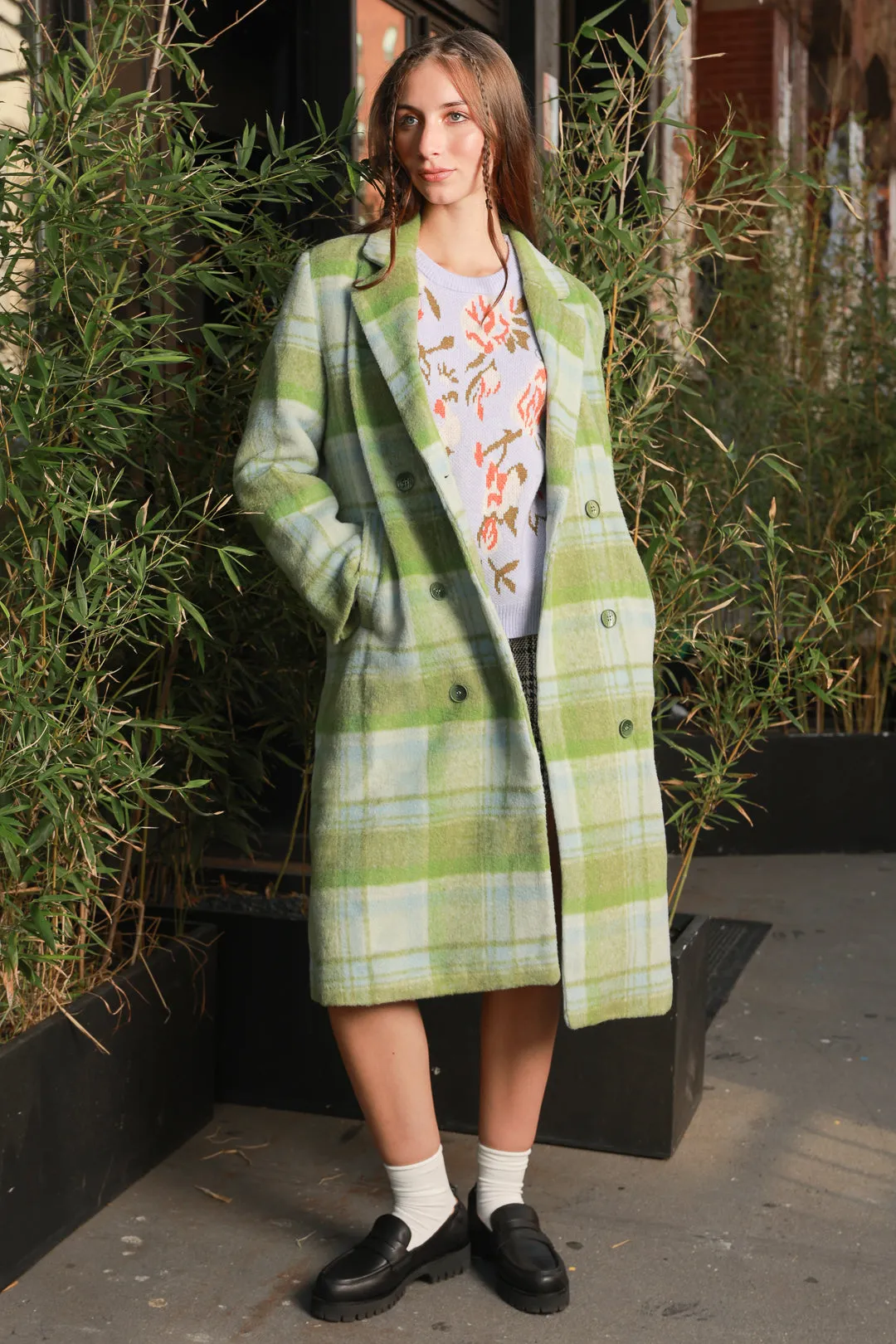 Heavy Wool Pastel Green Plaid Coat