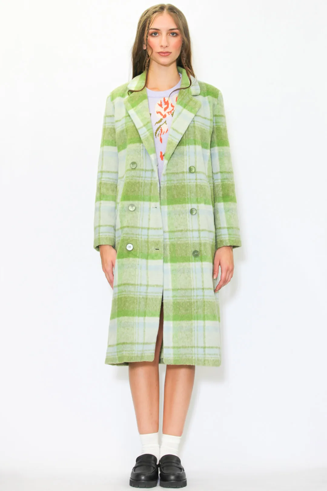 Heavy Wool Pastel Green Plaid Coat