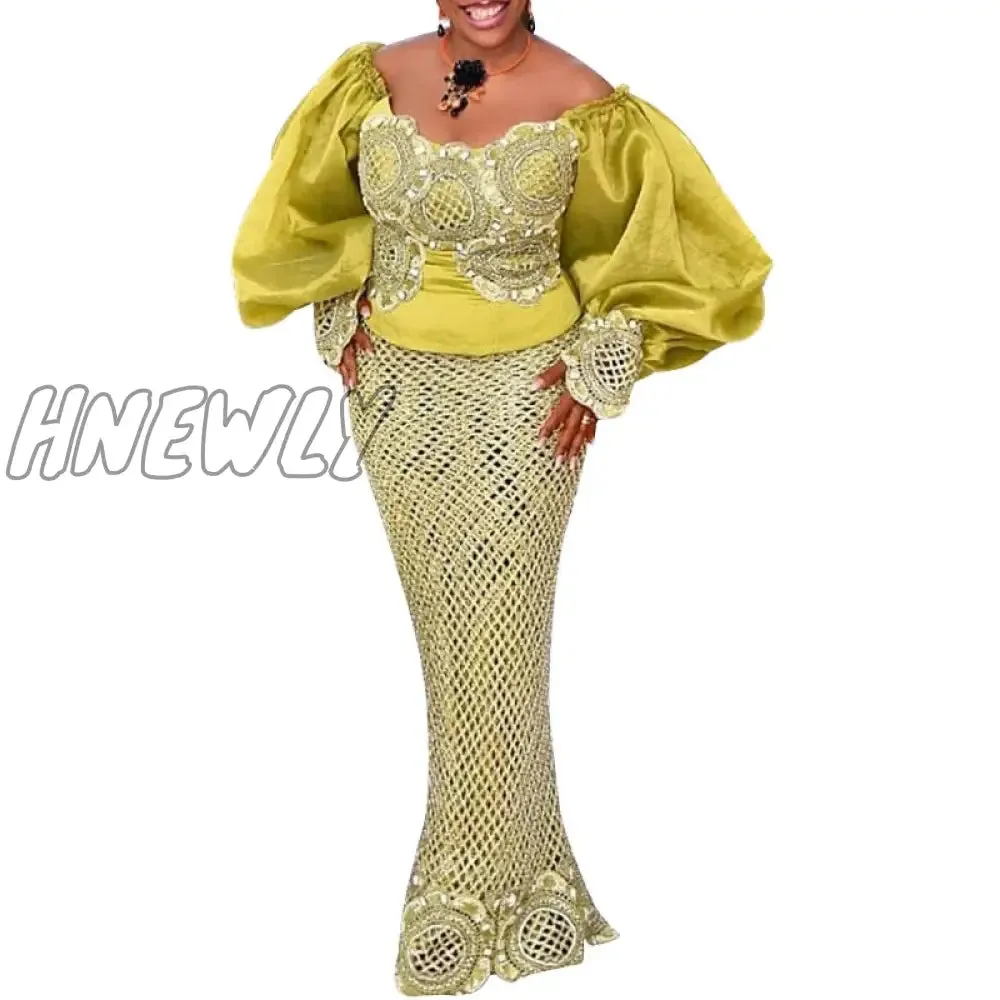 Hnewly 2 Piece Sets African Dresses For Women Bodycon Mermaid Sexy Maxi Dress Elegant Wedding Gowns Ankara Long Dress New Robes