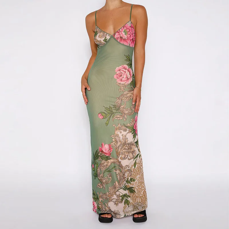 Holiday Style Slim Fit Printed Spaghetti Strap Maxi Dress