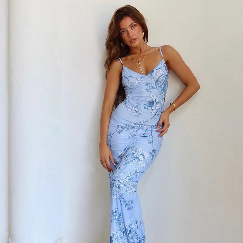 Holiday Style Slim Fit Printed Spaghetti Strap Maxi Dress