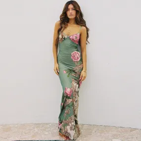 Holiday Style Slim Fit Printed Spaghetti Strap Maxi Dress