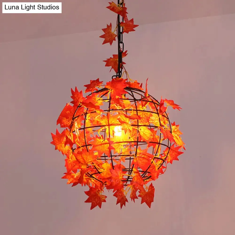 Iron Hanging Pendant Light with Artificial Plant - Industrial Globe Ceiling Fixture