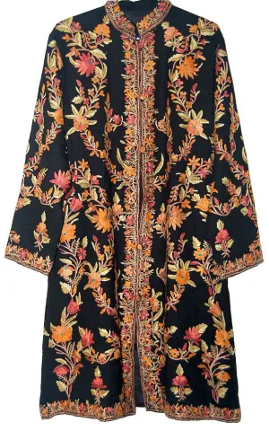 Kashmiri Woolen Coat Black, Multicolor Embroidery #AO-131