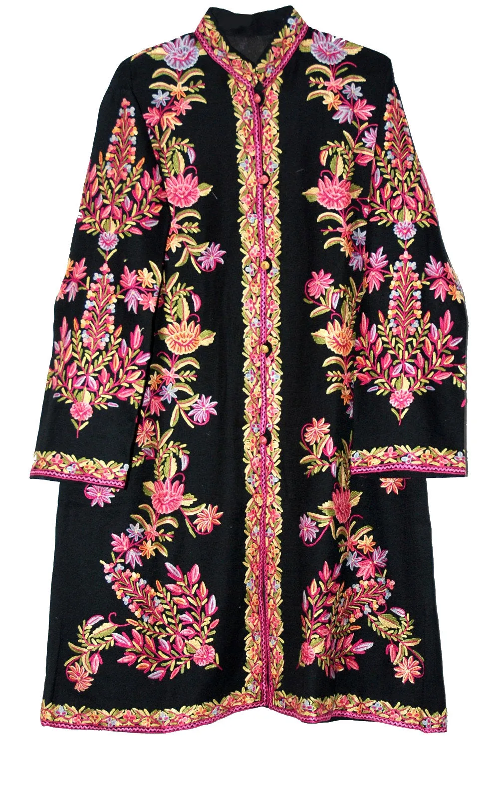 Kashmiri Woolen Coat Black, Multicolor Embroidery #AO-164