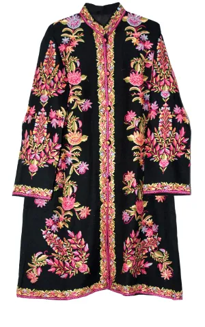 Kashmiri Woolen Coat Black, Multicolor Embroidery #AO-164