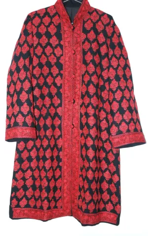 Kashmiri Woolen Coat Black, Red Embroidery #AO-139