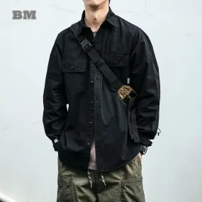 Korean Loose Casual Long Sleeve Retro Cargo Shirts Black Coat Men