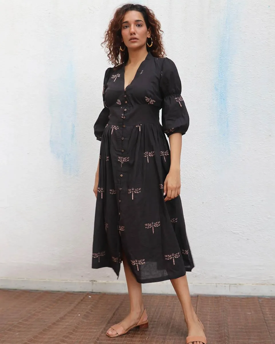 Laid Black  Handblock Printed Cotton Dress - Mono