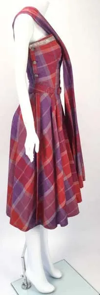 Late 1940s Tina Leser Cotton Madras Dress With Sash