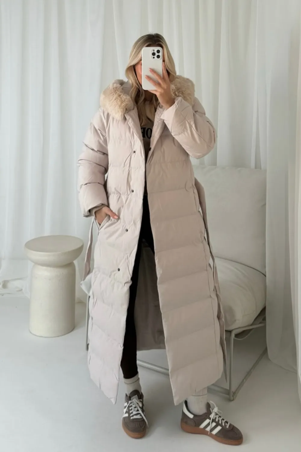 Laurena beige long padded hooded puffer coat