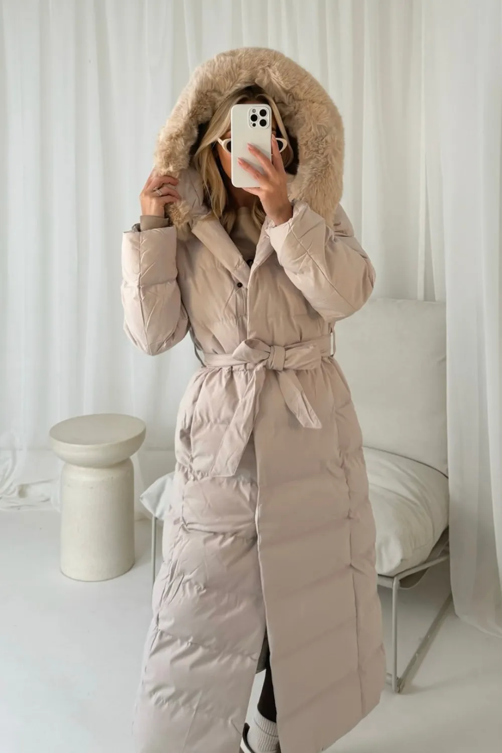 Laurena beige long padded hooded puffer coat