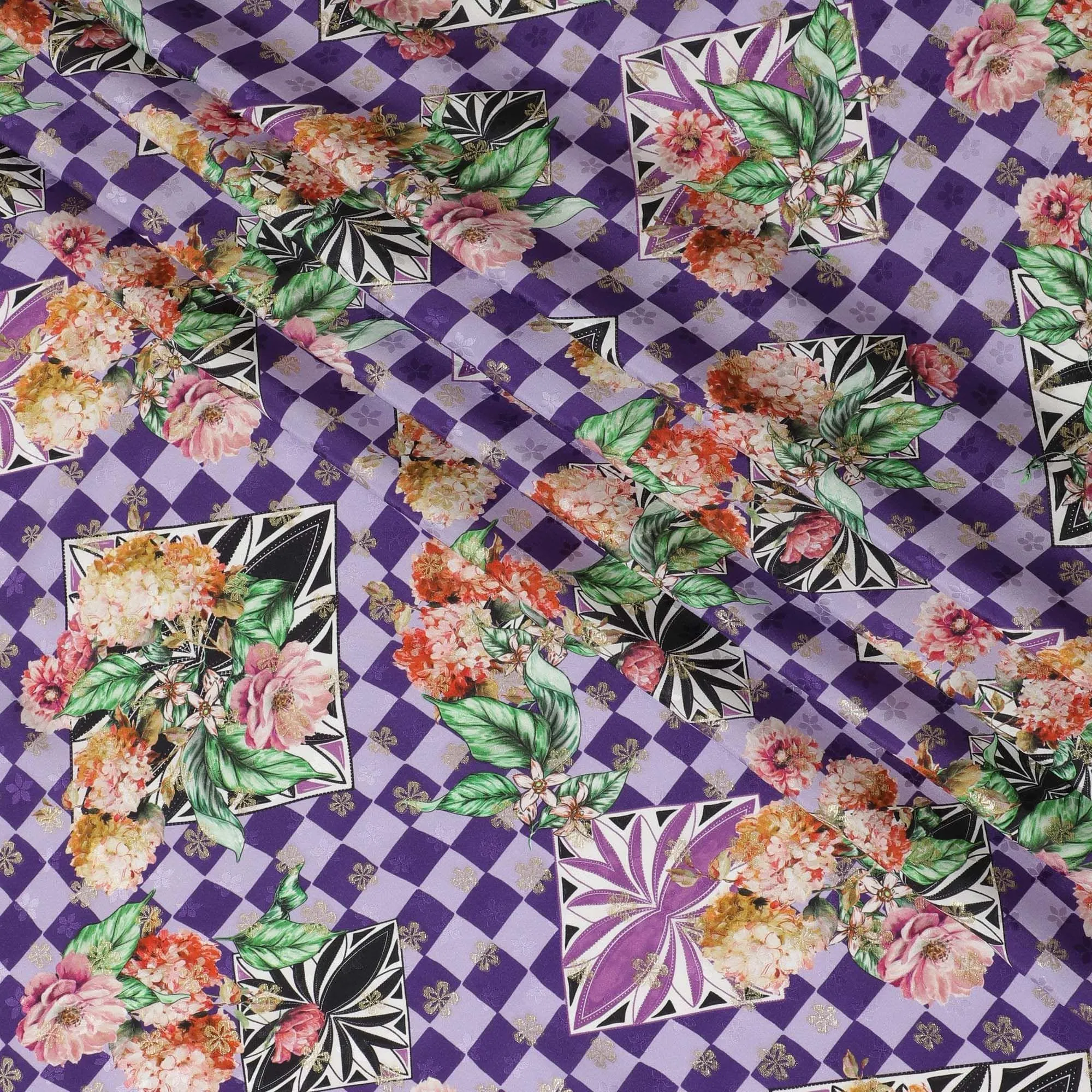 Light lavender, purple Premium pure Italian silk satin fabric with multicolor print having gold metallic lurex in floral design-D10592