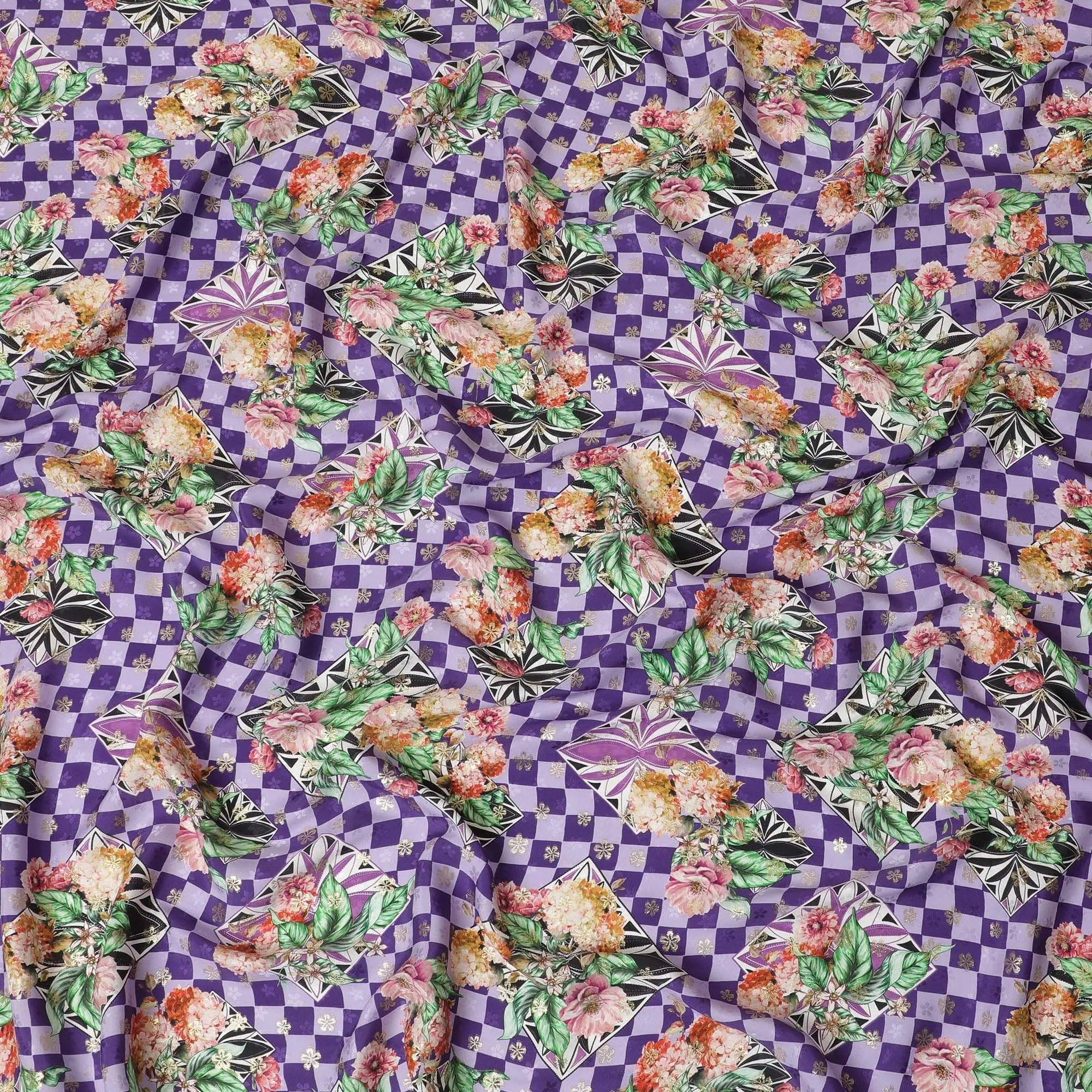 Light lavender, purple Premium pure Italian silk satin fabric with multicolor print having gold metallic lurex in floral design-D10592