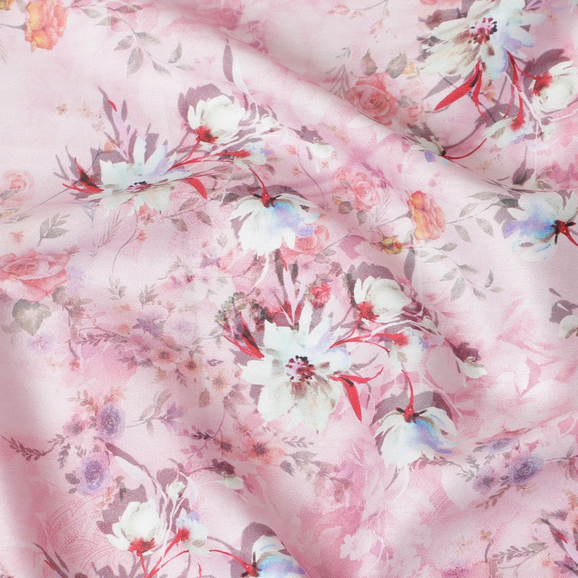 Light pink cotton satin fabric with multicolor print in floral design-D15262