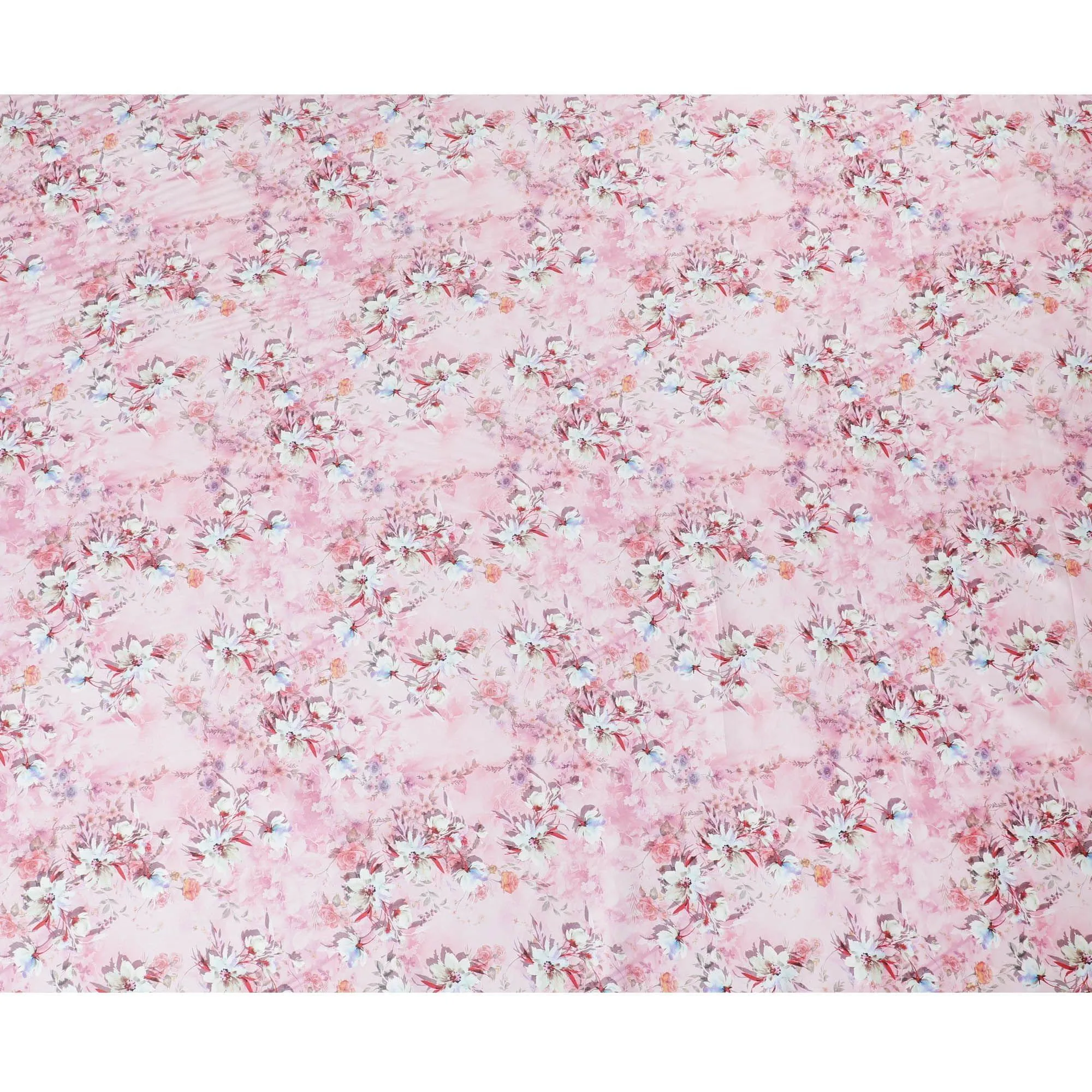 Light pink cotton satin fabric with multicolor print in floral design-D15262