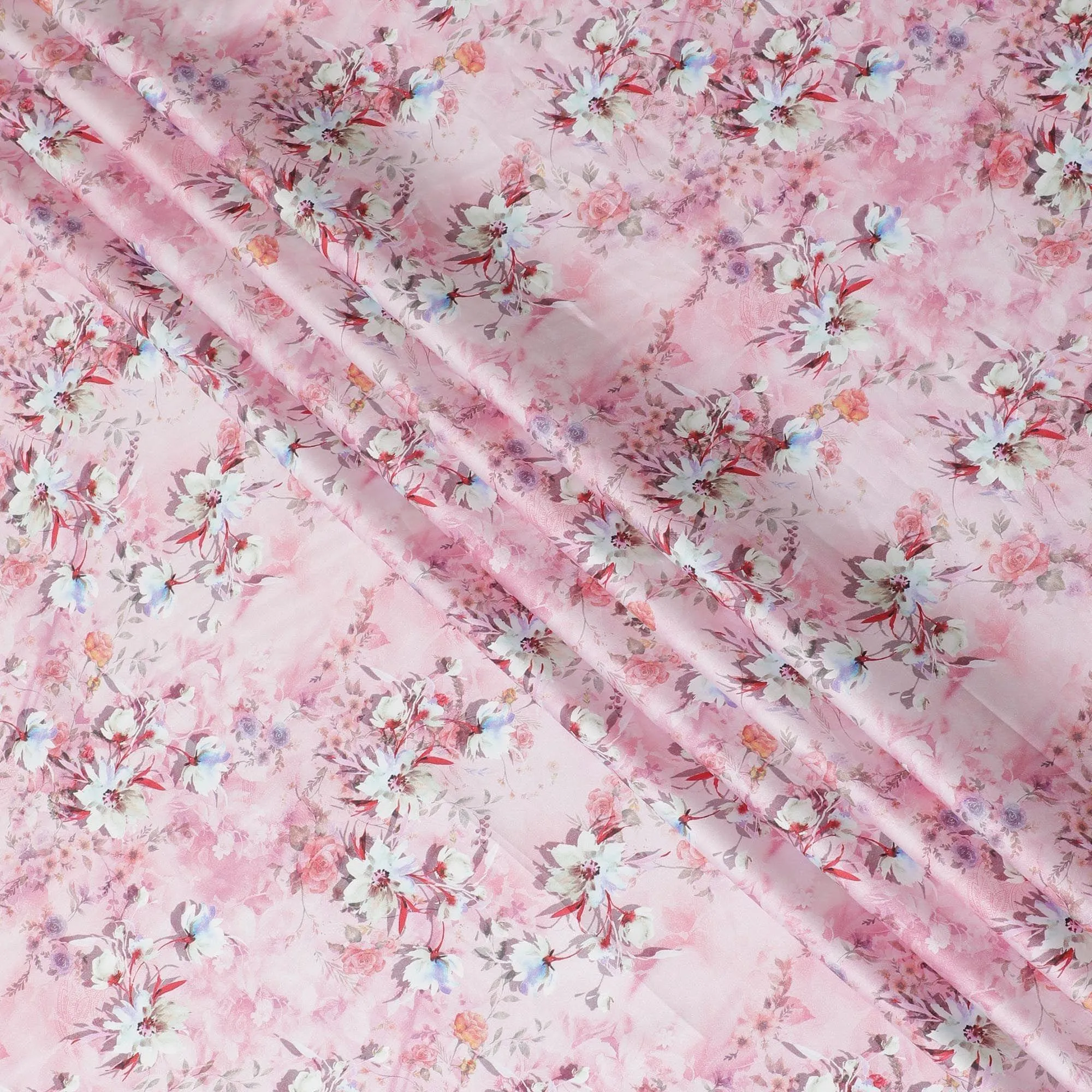 Light pink cotton satin fabric with multicolor print in floral design-D15262