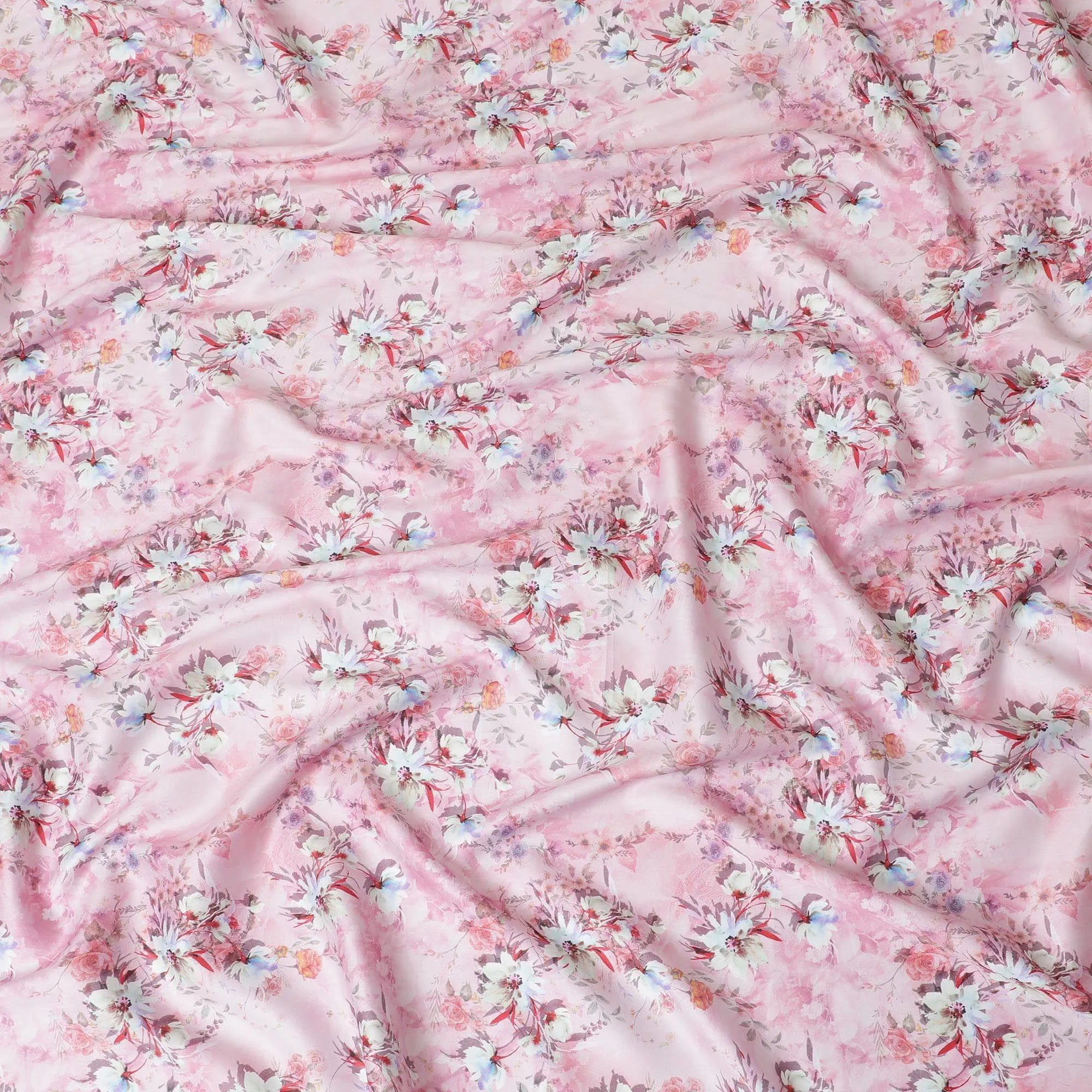 Light pink cotton satin fabric with multicolor print in floral design-D15262