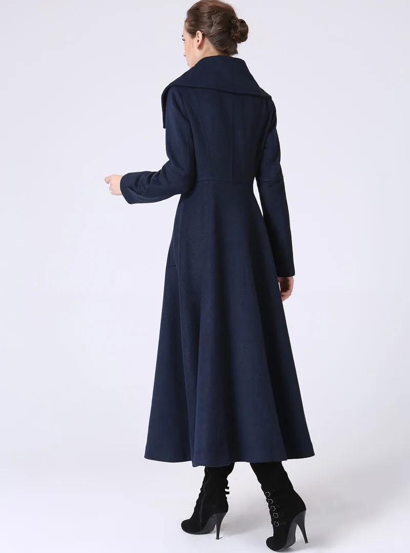 Long Blue Winter wool Coat with big collar 1054#