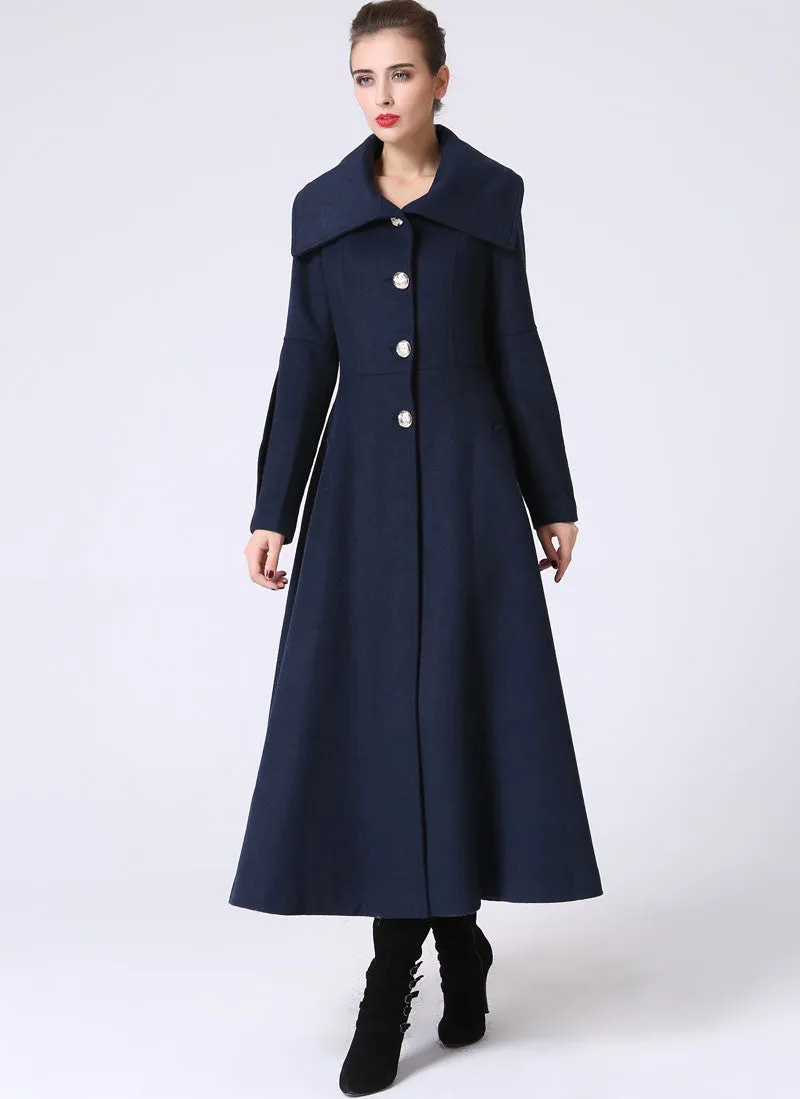 Long Blue Winter wool Coat with big collar 1054#