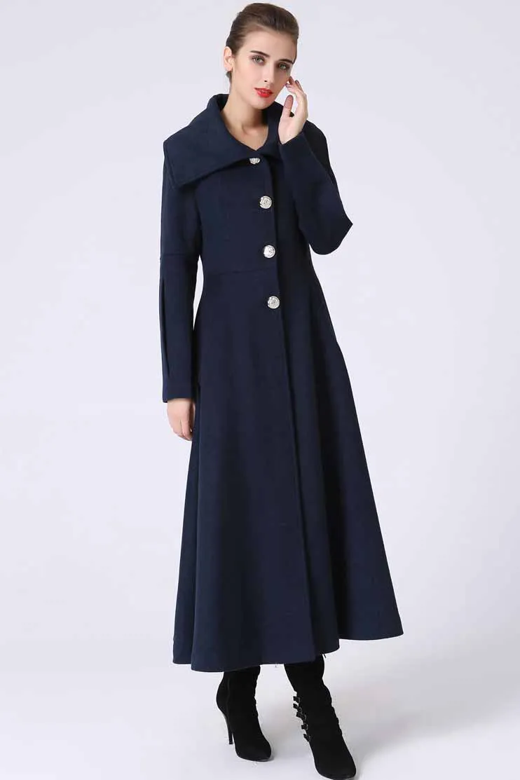 Long Blue Winter wool Coat with big collar 1054#