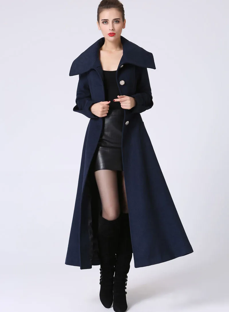 Long Blue Winter wool Coat with big collar 1054#