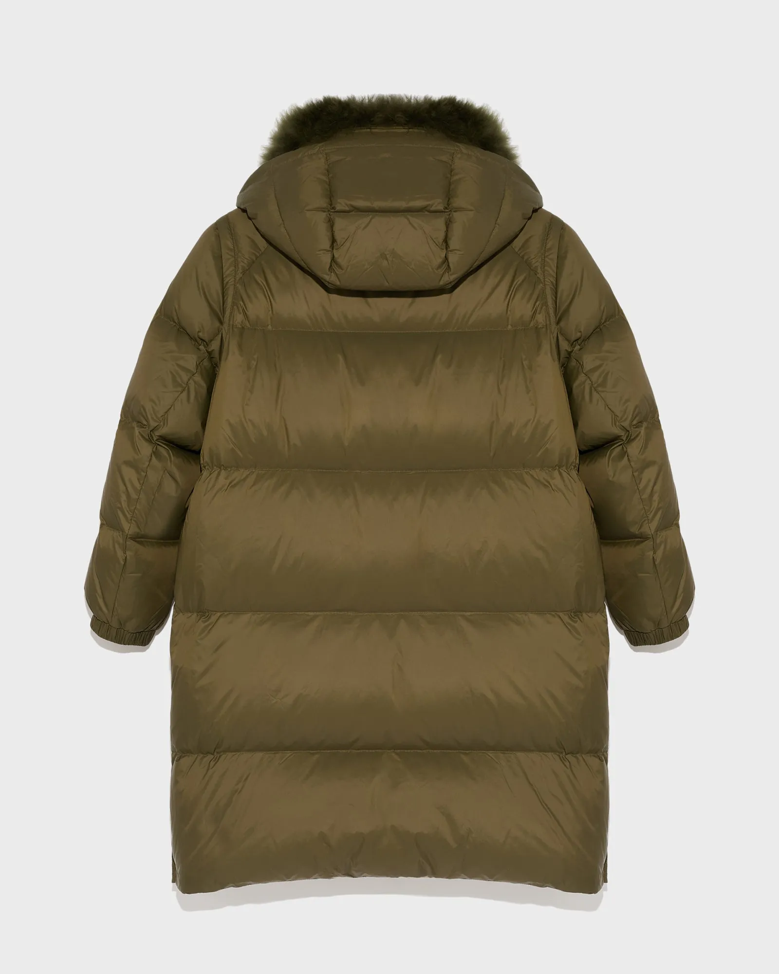 Long down jacket in water-repellent technical fabric with collar trim in fluffy lambswool