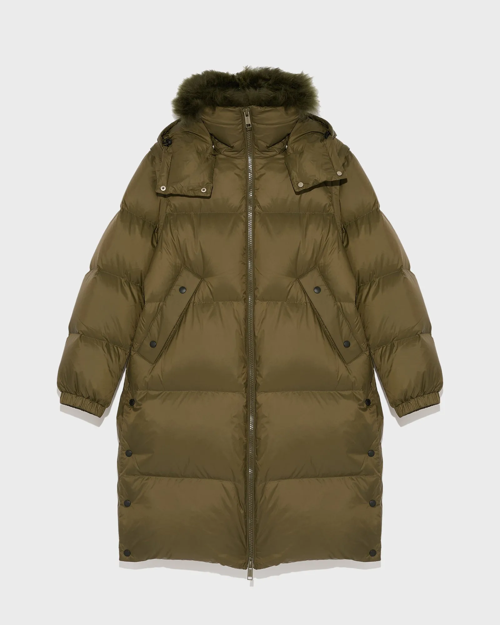 Long down jacket in water-repellent technical fabric with collar trim in fluffy lambswool