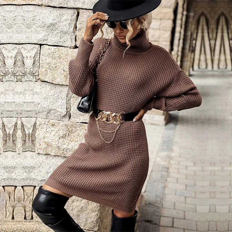 LONG SLEEVE HIGH TURTLE NECK CASHMERE SWEATER DRESS FOR WOMEN