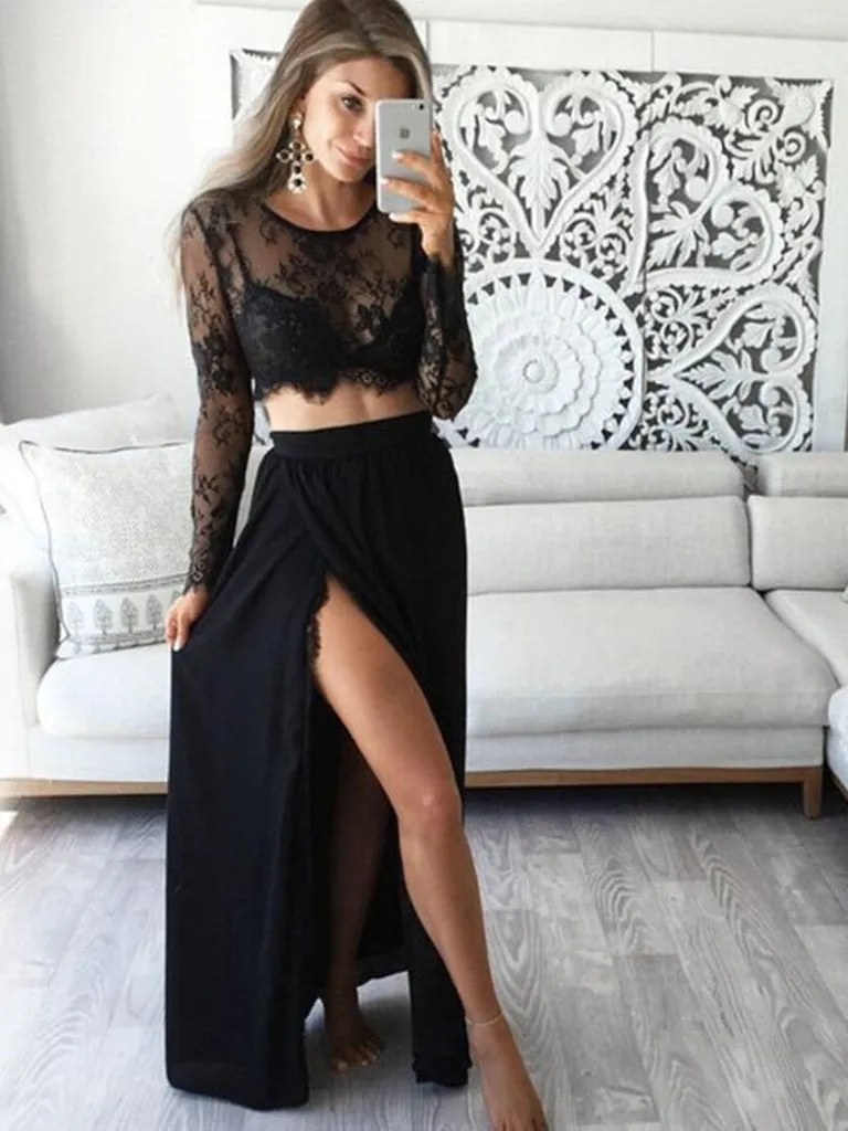 Long Sleeves 2 Pieces Lace Black Long Prom with High Slit, 2 Pieces Black Lace Graduation, Evening