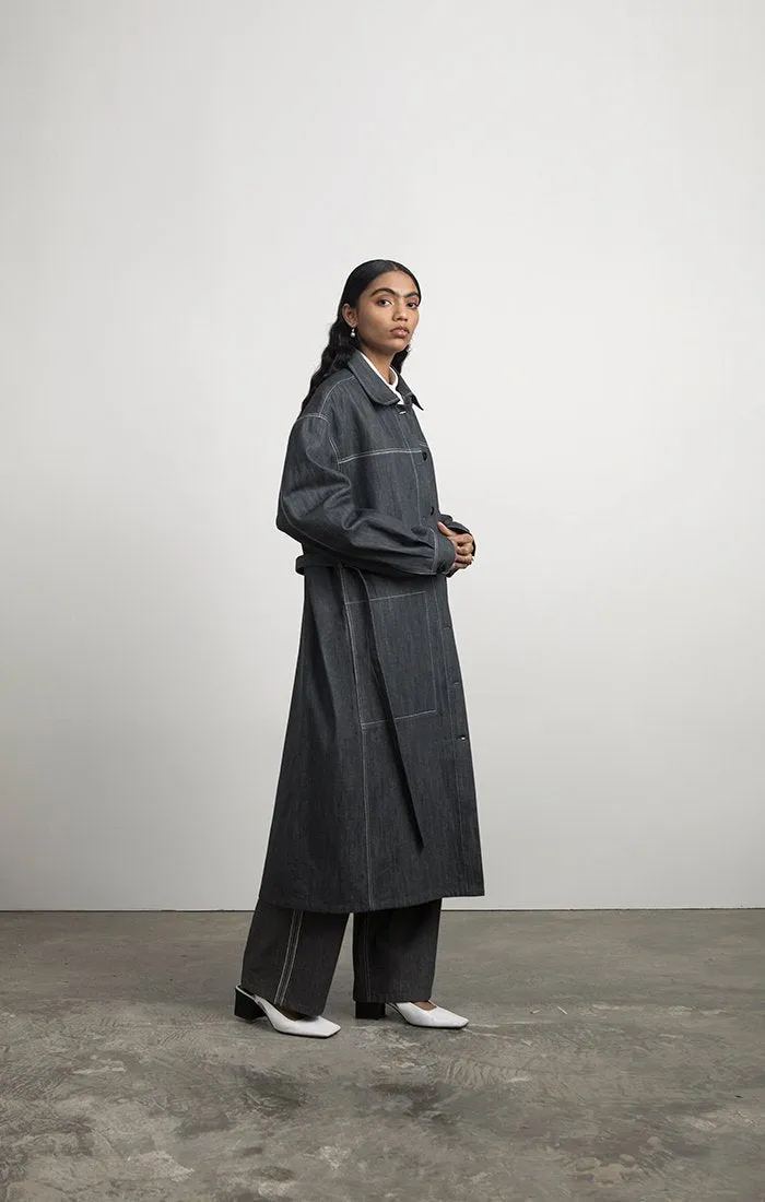 Longline Denim Belted Coat