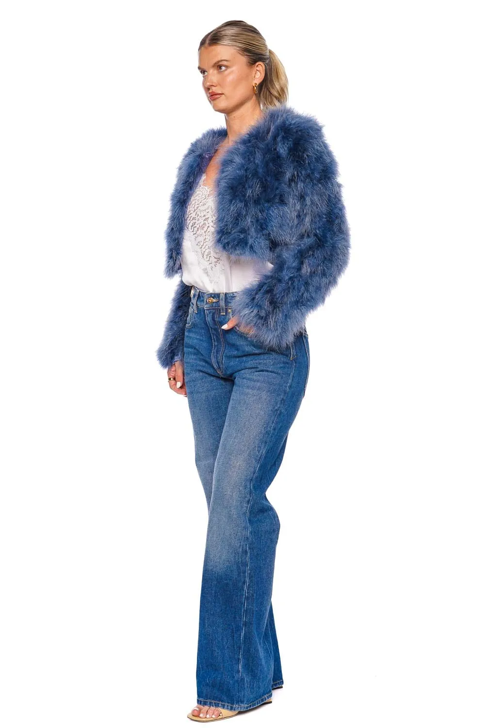 Manhattan Denim Blue Feather Cropped Jacket