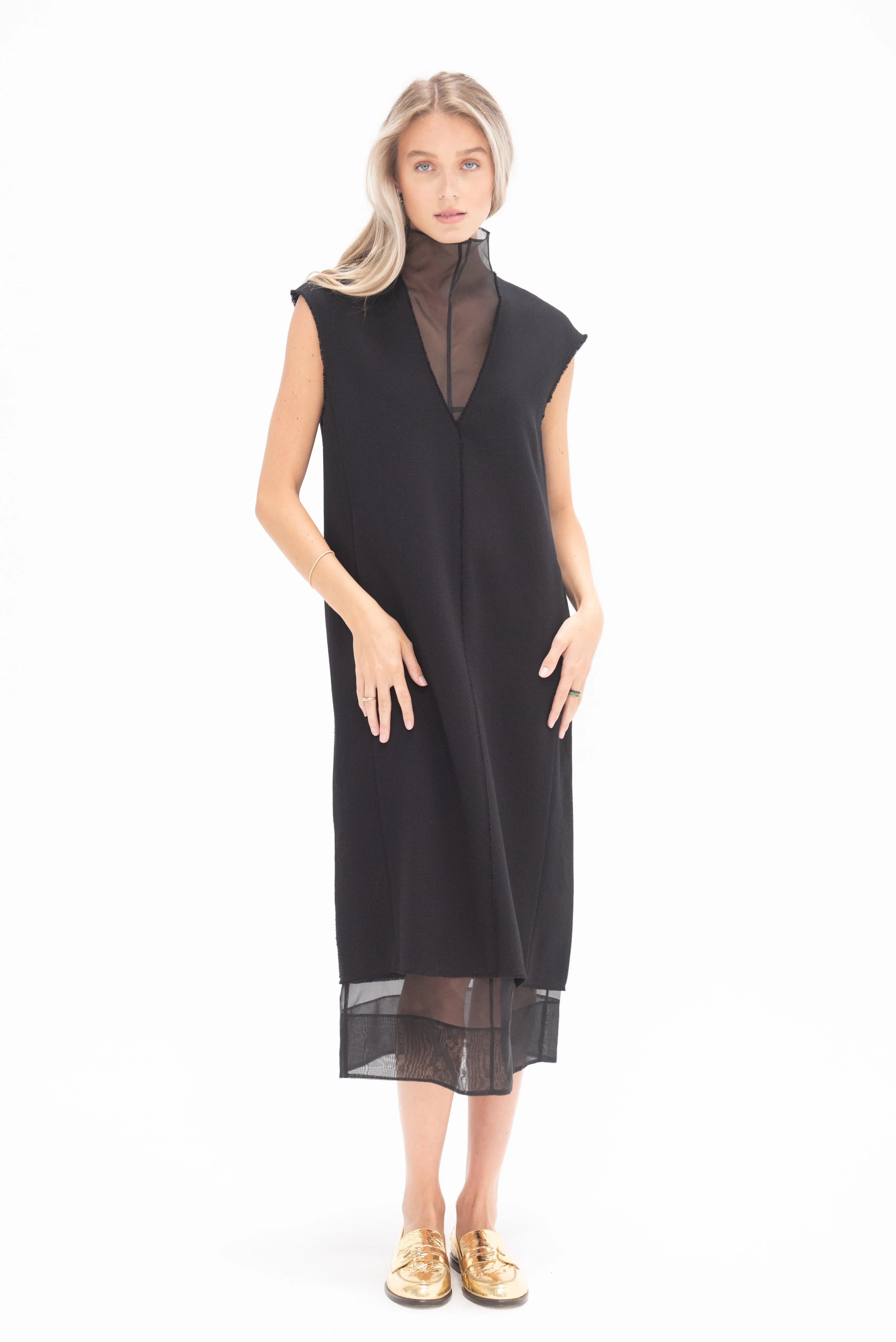 Melee Crepe V-Neck Dress With Organza Lining, Black