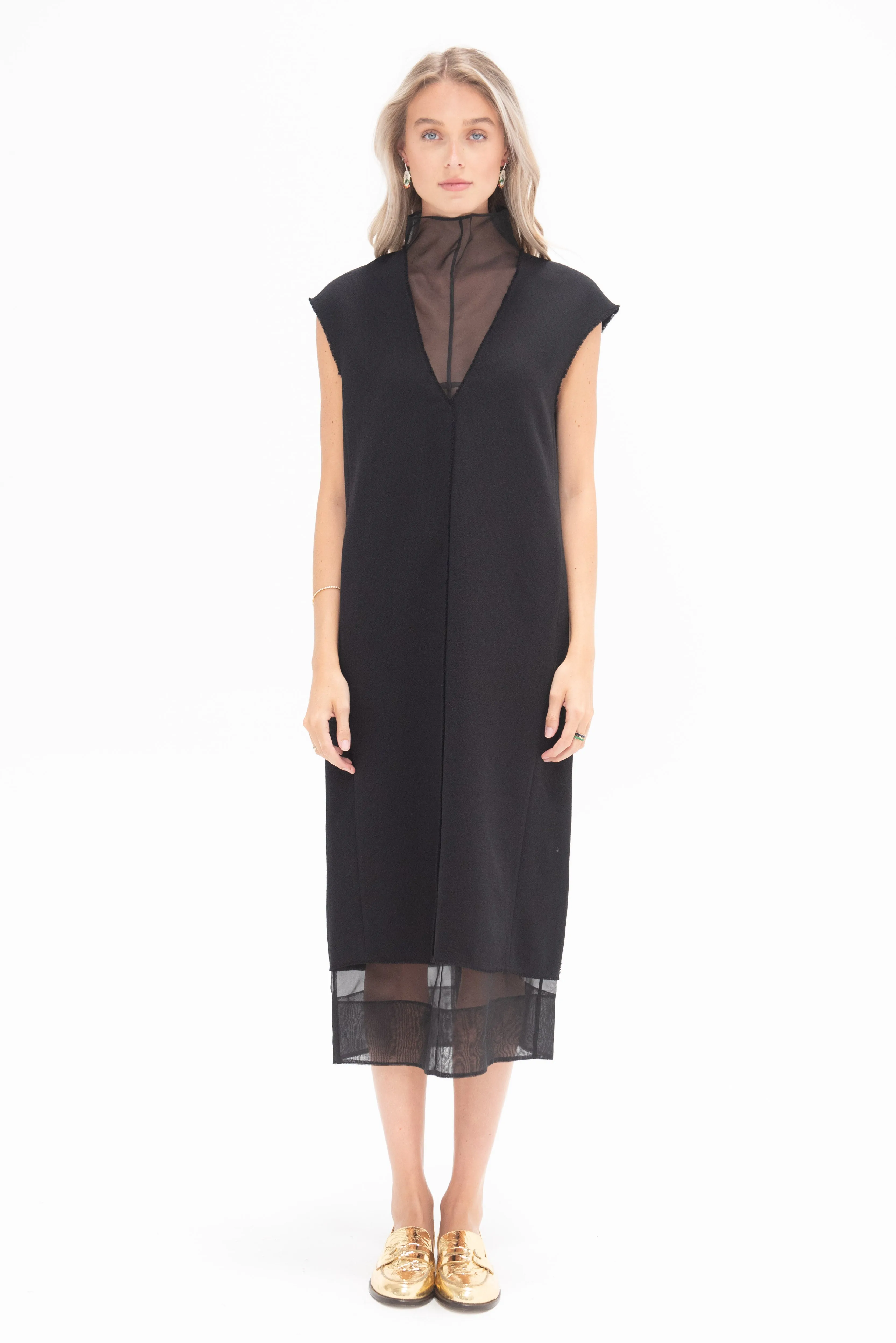 Melee Crepe V-Neck Dress With Organza Lining, Black