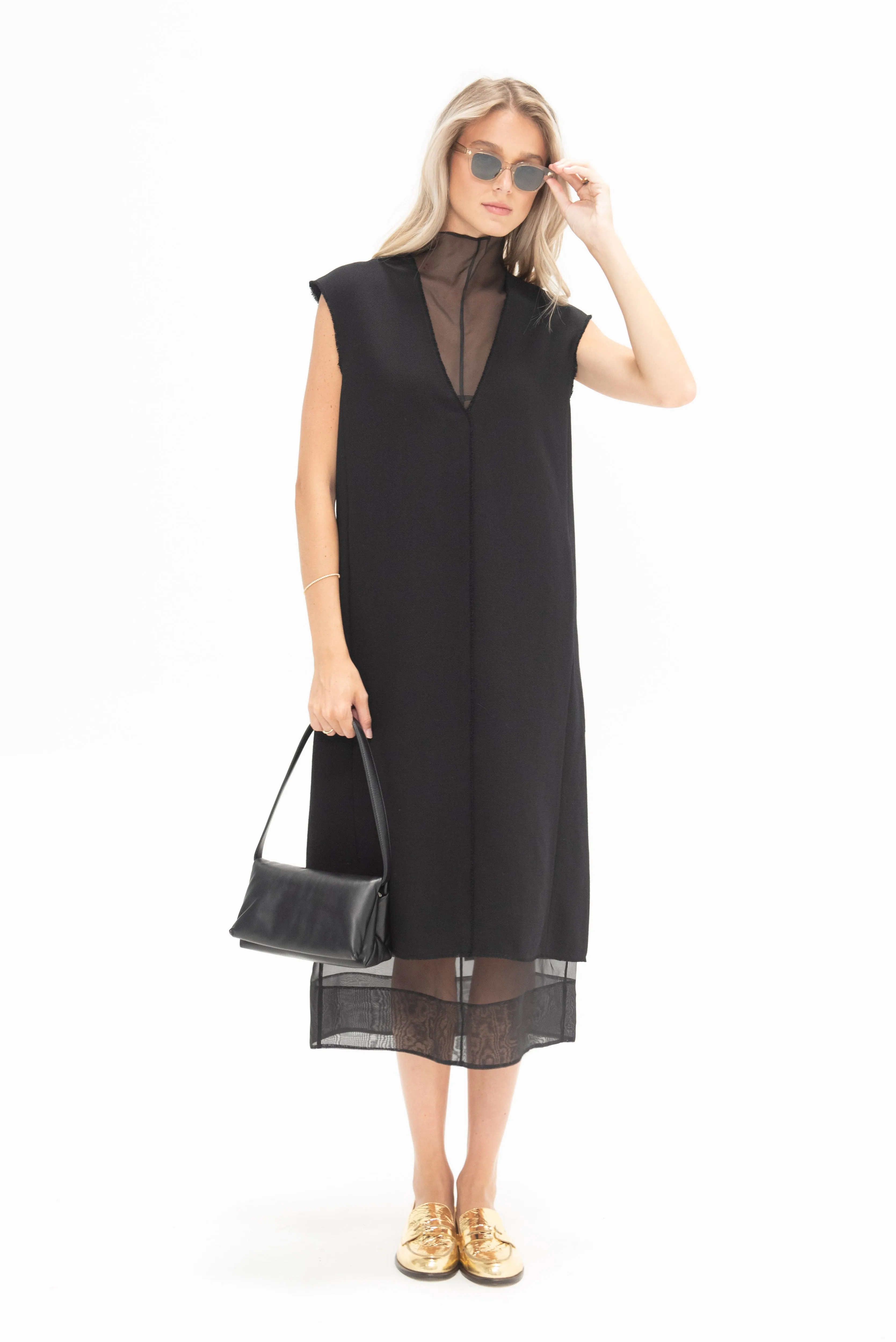 Melee Crepe V-Neck Dress With Organza Lining, Black