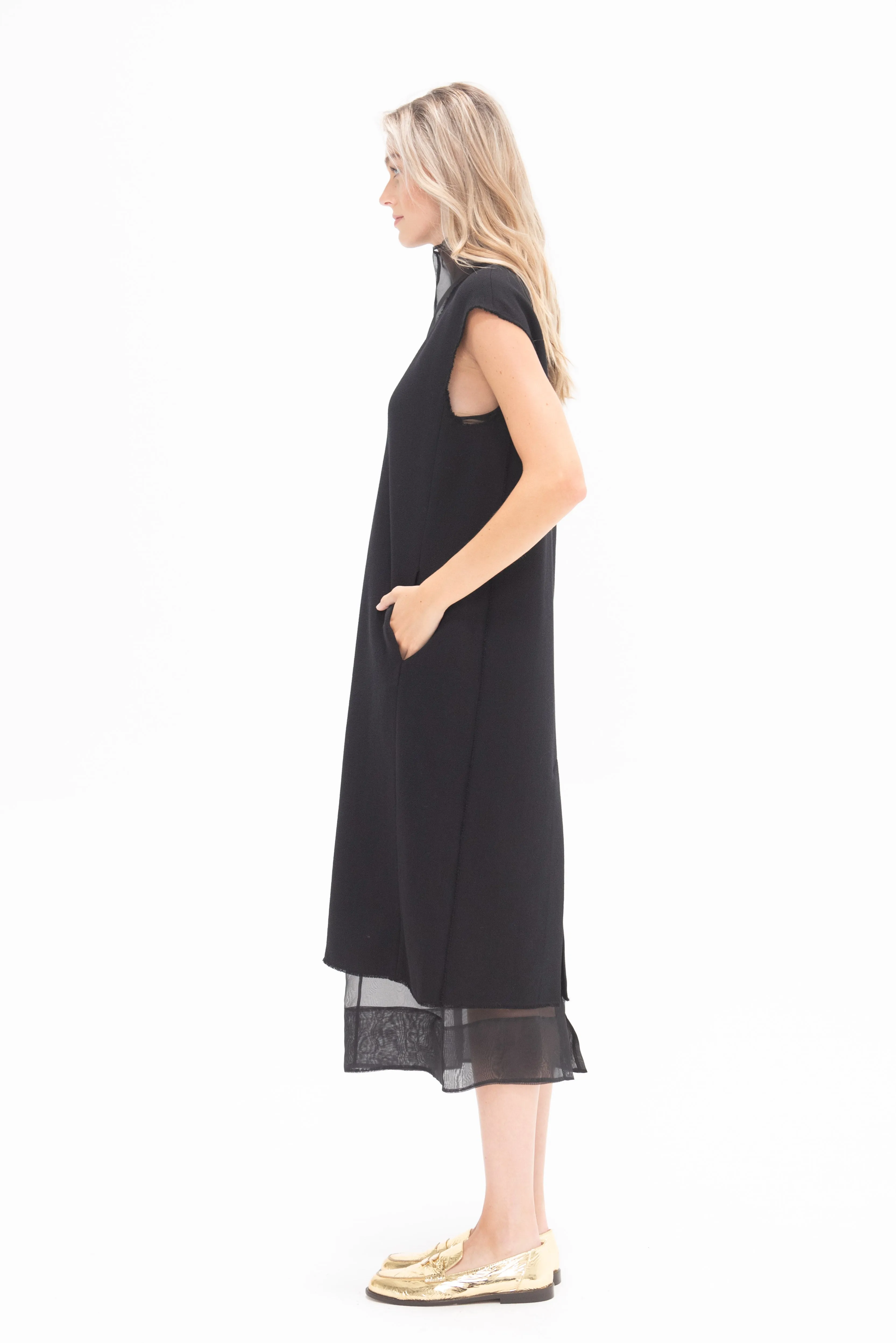 Melee Crepe V-Neck Dress With Organza Lining, Black