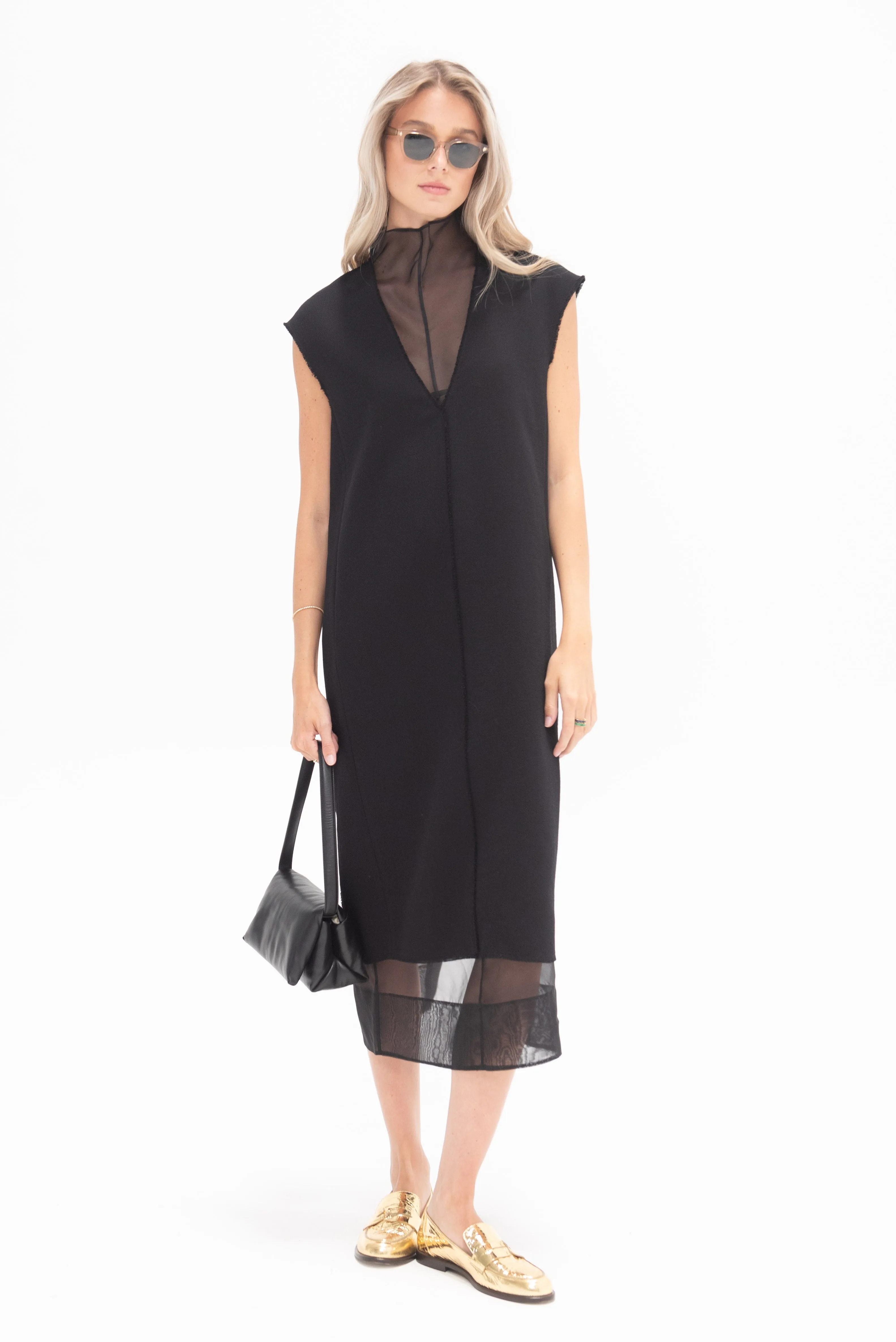 Melee Crepe V-Neck Dress With Organza Lining, Black