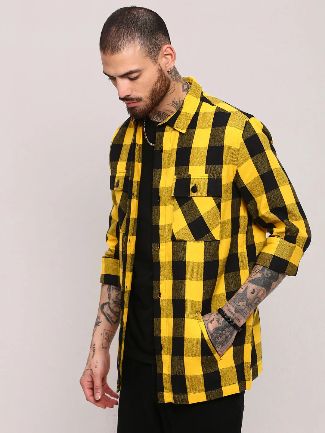 Men Yellow Checked Shacket