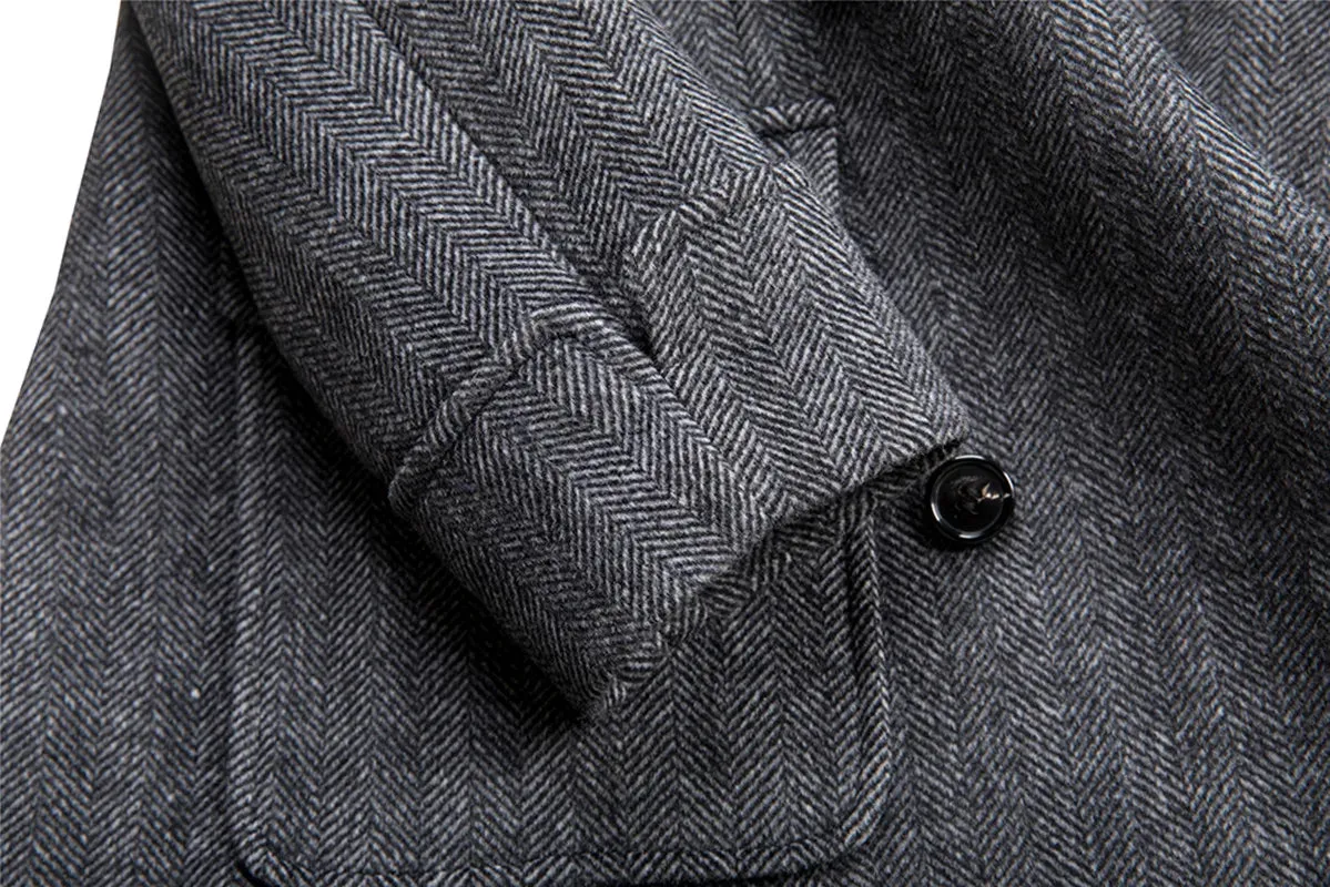 Men's Herringbone Tweed Coat with Double-breasted Peak Lapel